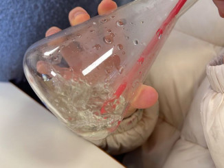 Σχήμα 2: Γλυκό νερό με δείκτη μπλε της βρωμοθυμόλης αφού έχει έρθει σε επαφή με το CO2.