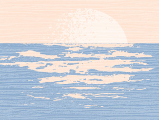 Elegant background with the texture of waves and the sunset of the moon in blue and beige tones. Abstract template with a natural sea landscape. Vector illustration.
